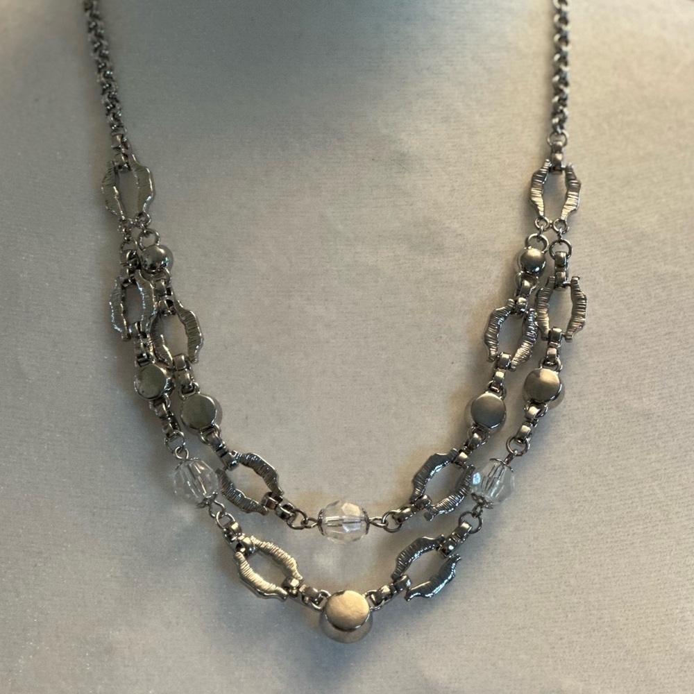 AVON Signed Silver Plated 2 Layer Rhinestone Choker 18" + 3" Extender Clear Bead